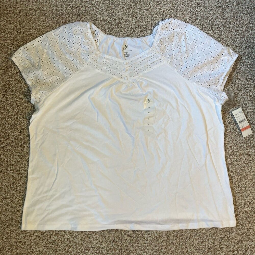 NWT Studio Works Womens Blouse Shirt Plus Size 3X Eyelet Short Sleeve White